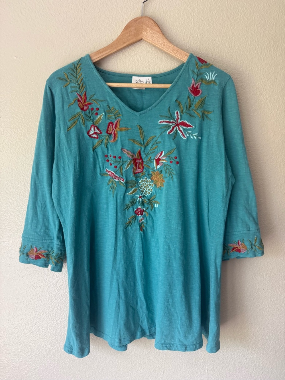 Parsley & Sage Teal Embroidered V-Neck Tunic